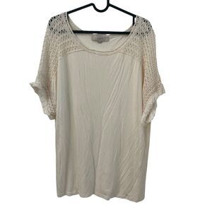 LOFT L Cream Short Lace Sleeve Soft Relaxed Blouse